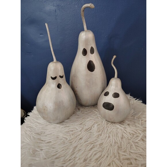 Set of 3 Folk Halloween ghost Face Painted  Gourd Faces - Picture 1 of 7
